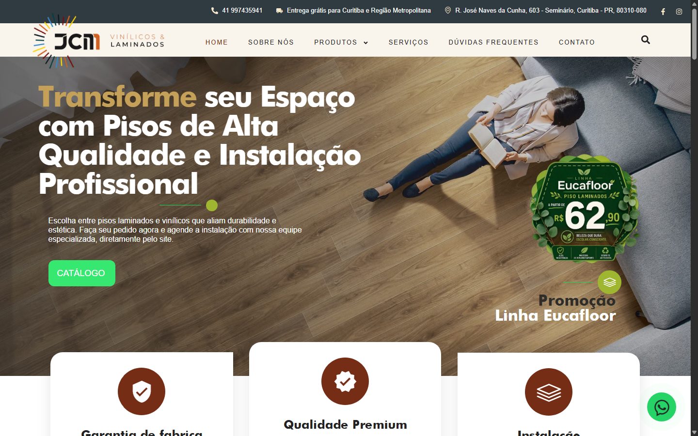 Case JCM Vinílicos e Laminados — site em destaque (desktop)